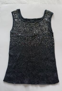 EUC ONCE AGAIN Women's Sleeveless Sequin Knit Tank Top, Size L, Black and Silver